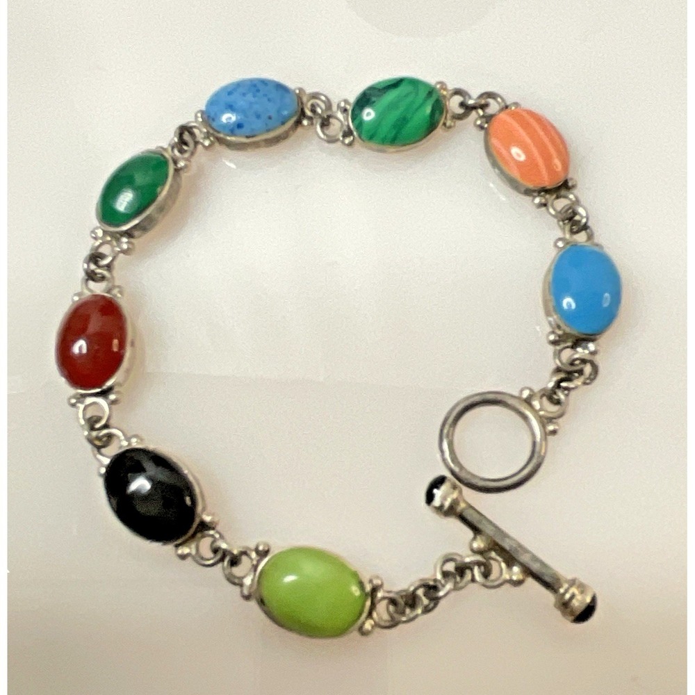 Sterling Silver Bracelet FAUX Gemstone Oval Links 7.5"  (fits sz 7)Toggle Clasp